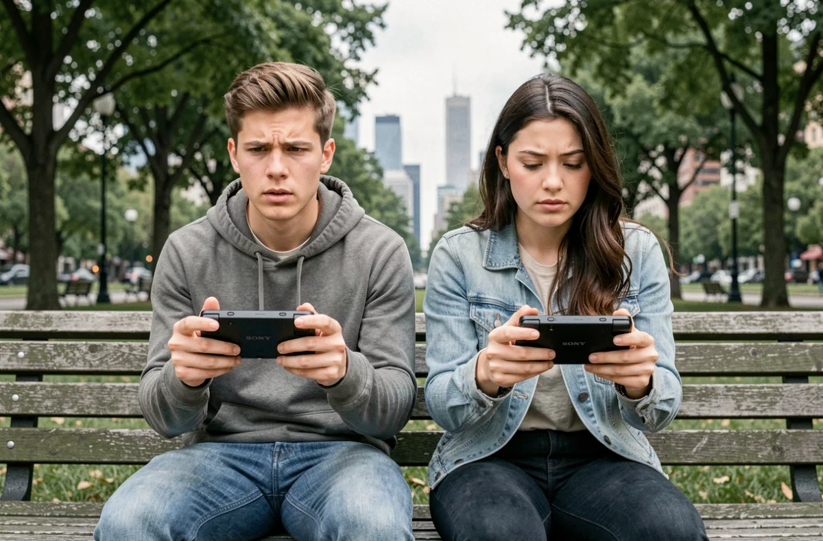 Deux joueurs en extérieur dans un parc urbain jouant en multijoueur sur des consoles portables Sony, illustrant la connectivité en jeu