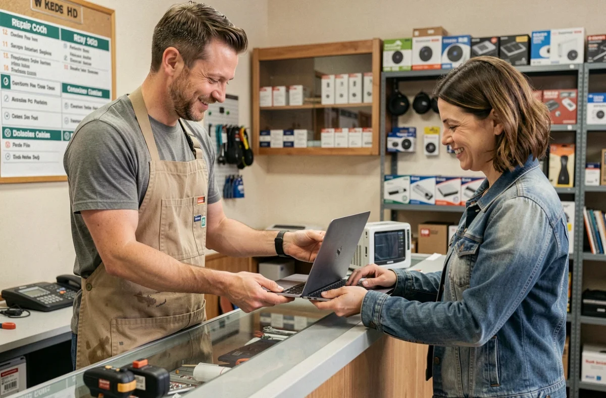 Technicien d'Ordi-Solutions remettant un ordinateur portable réparé à une cliente satisfaite dans une boutique informatique