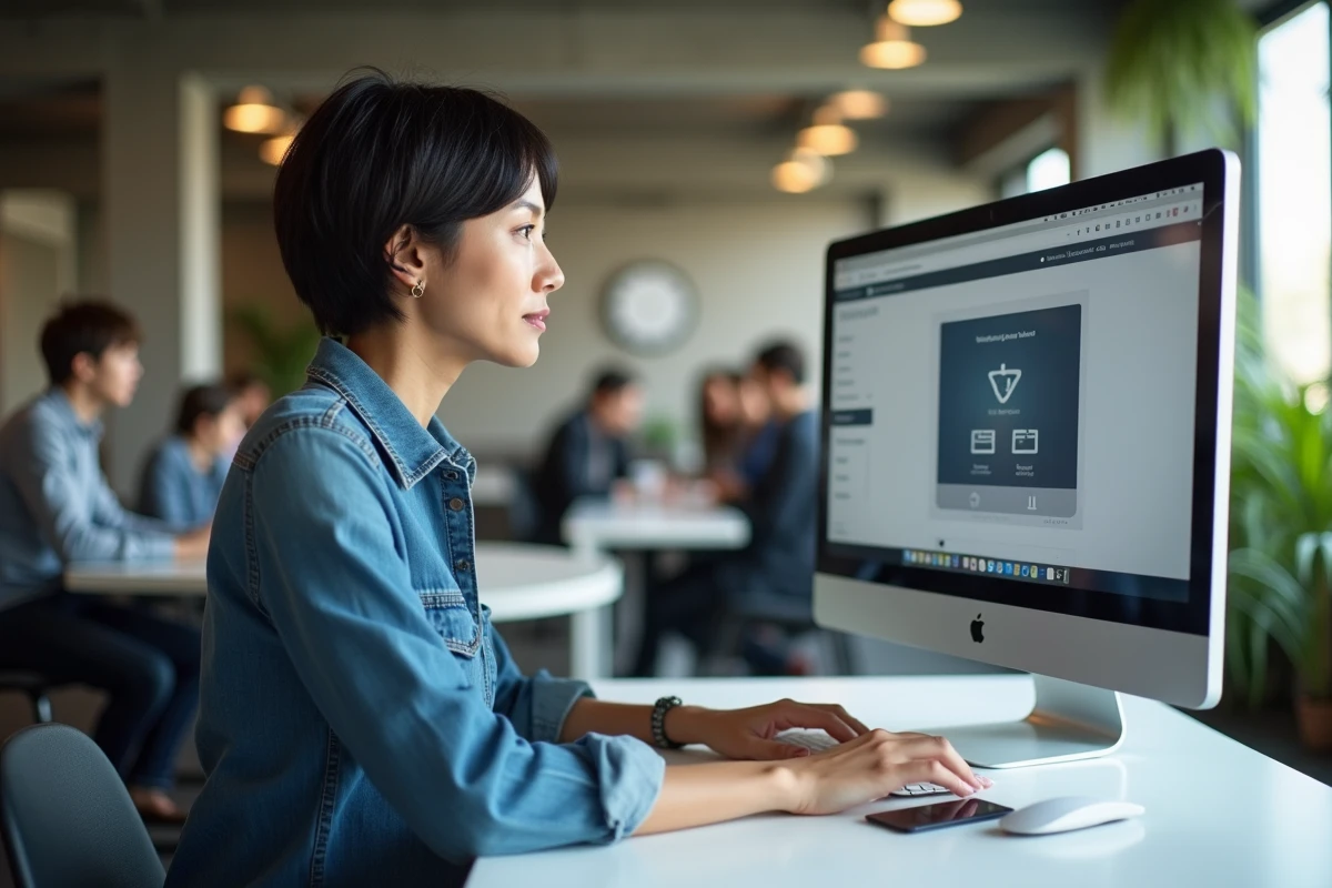 Femme utilisant un outil de téléchargement YouTube sur ordinateur de bureau dans un espace de coworking moderne