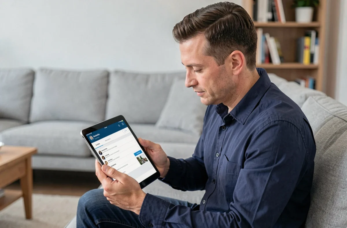 Père utilisant une tablette pour accéder au portail ENT77 et consulter les informations scolaires de son enfant