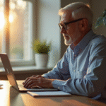 Personne mature travaillant sur un ordinateur portable lumineux