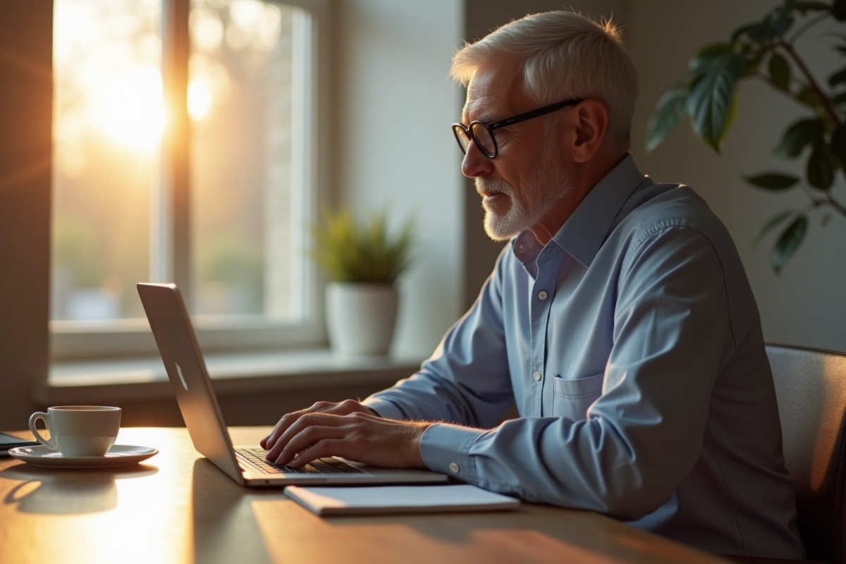 Personne mature travaillant sur un ordinateur portable lumineux