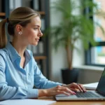 Personnelle académique de Normandie consultant son webmail sur un ordinateur portable dans un bureau scolaire