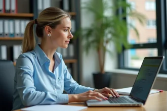 Personnelle académique de Normandie consultant son webmail sur un ordinateur portable dans un bureau scolaire