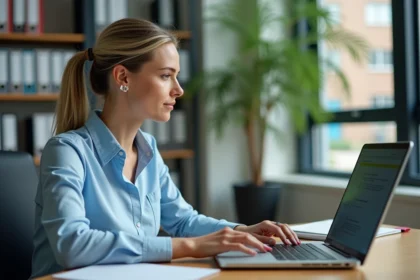 Personnelle académique de Normandie consultant son webmail sur un ordinateur portable dans un bureau scolaire