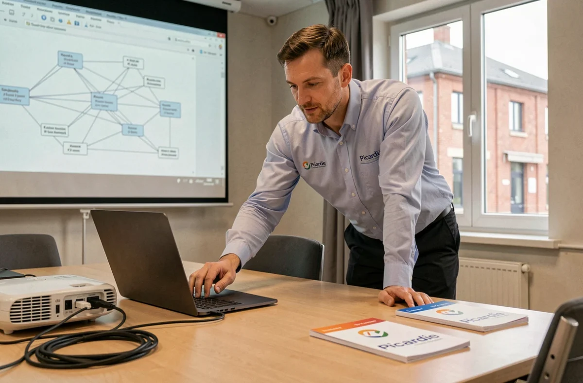 Technicien de Picardie Informatique connectant un ordinateur portable à un projecteur dans une salle de réunion