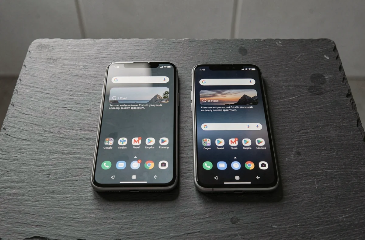 Vue de dessus de deux smartphones Google Pixel 9 Pro et Pixel 9 Pro XL posés côte à côte sur une surface en ardoise sombre pour illustrer leur différence de taille