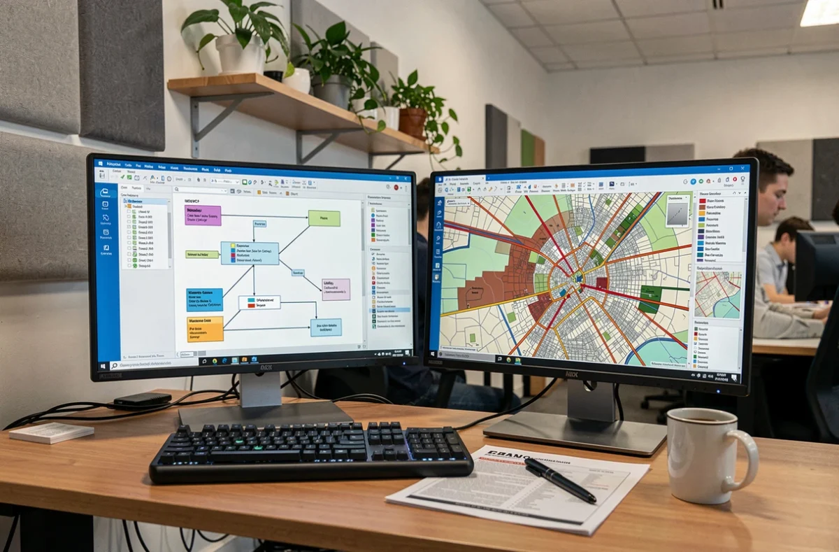 Poste de travail SIG avec double écran affichant un diagramme MCD et une carte urbaine vectorielle de parcelles et réseaux cadastraux