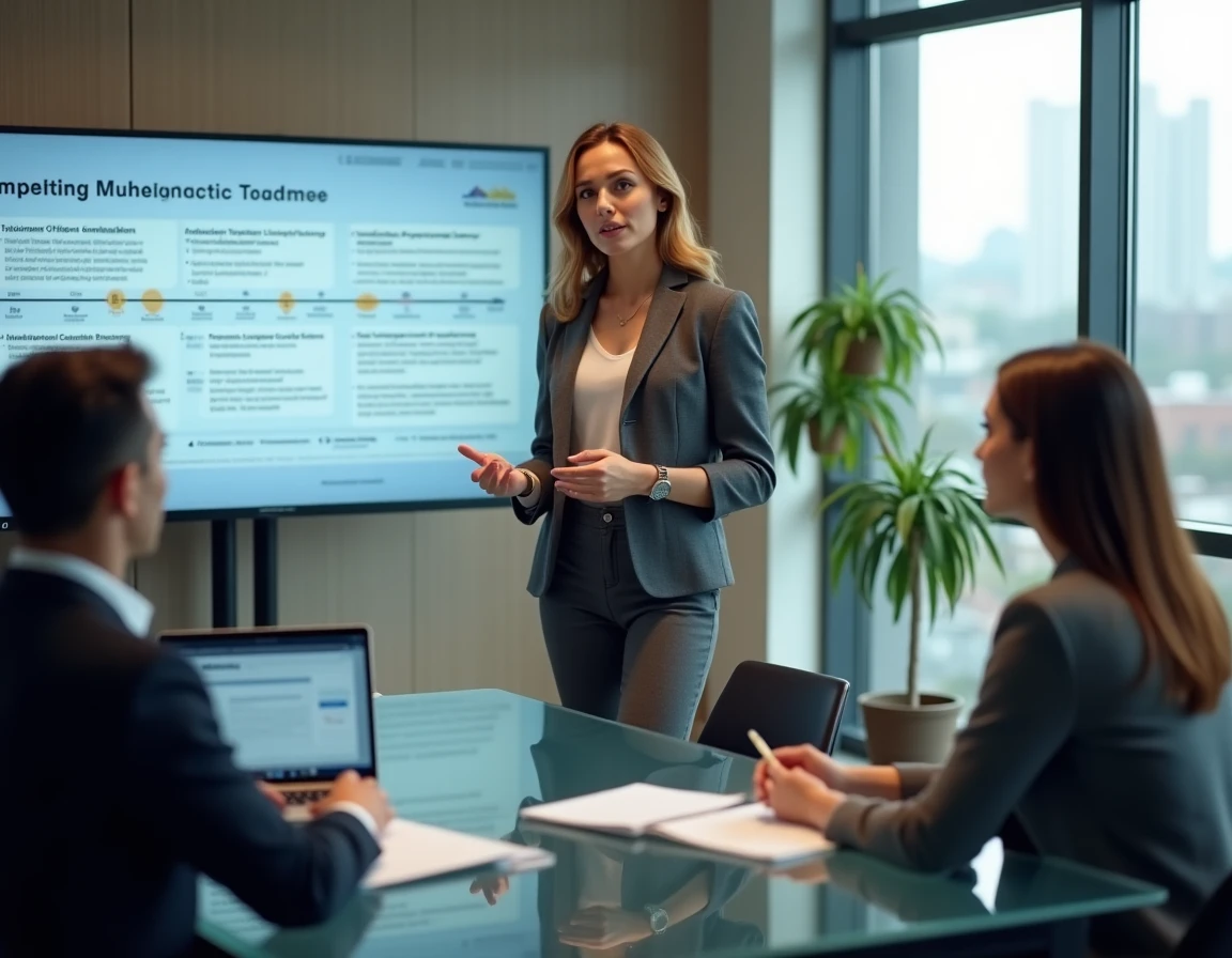 Directrice technique présentant une feuille de route de certification networthiness à son équipe dans une salle de réunion de PME