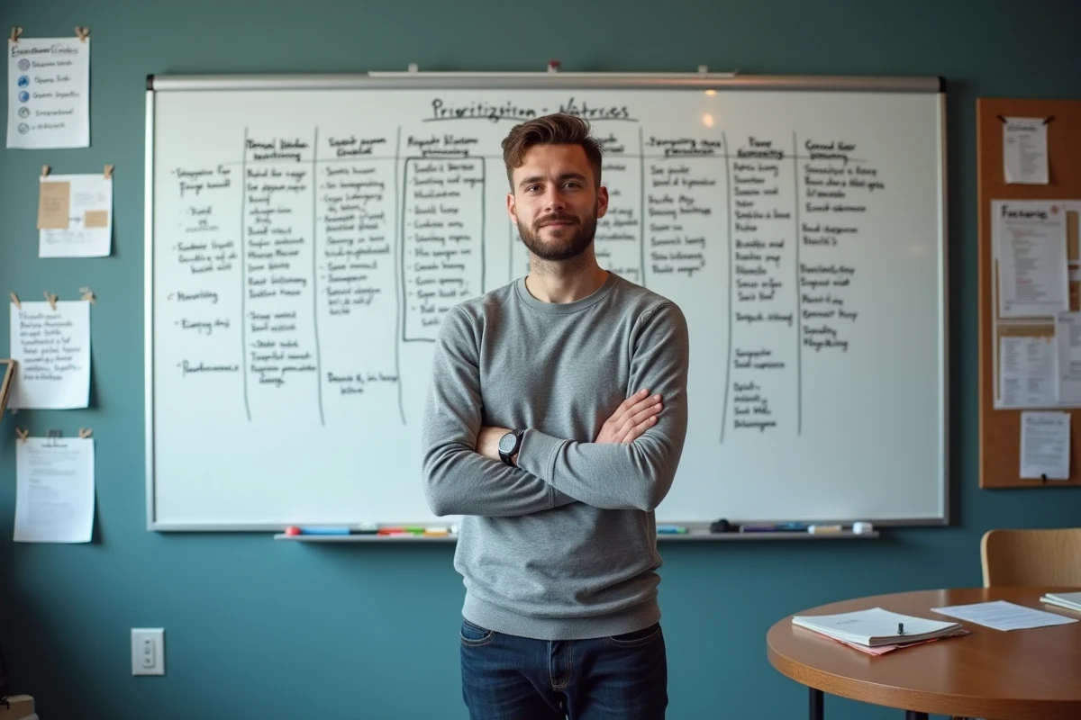 Manager produit analysant une matrice de priorisation de fonctionnalités sur un tableau blanc en salle de réunion