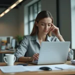 Femme frustrée devant un écran d'erreur de connexion sur un ordinateur portable au bureau