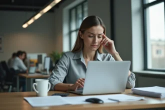Femme frustrée devant un écran d'erreur de connexion sur un ordinateur portable au bureau
