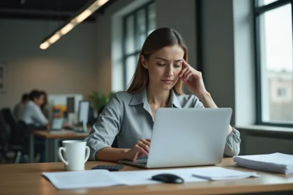 Femme frustrée devant un écran d'erreur de connexion sur un ordinateur portable au bureau