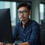 Jeune homme professionnel en informatique au bureau moderne