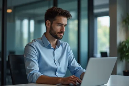 Jeune homme professionnel IT travaillant sur un ordinateur dans un bureau moderne
