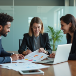 Trois professionnels en réunion dans un bureau moderne