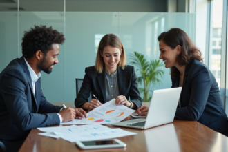 Trois professionnels en réunion dans un bureau moderne