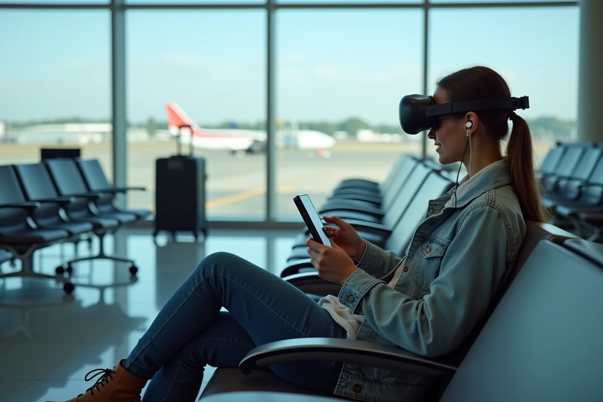 Jeune femme utilisant une PS Portal dans un aéroport pour jouer en cloud gaming lors d'un voyage
