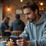 Homme jouant sur une PlayStation Portal dans un café, illustrant le cloud gaming en déplacement