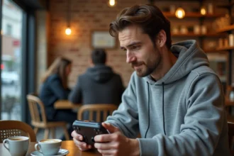 Homme jouant sur une PlayStation Portal dans un café, illustrant le cloud gaming en déplacement