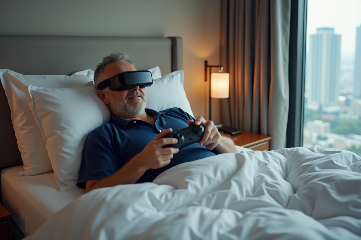 Homme jouant sur une PlayStation Portal dans une chambre d'hôtel en déplacement professionnel