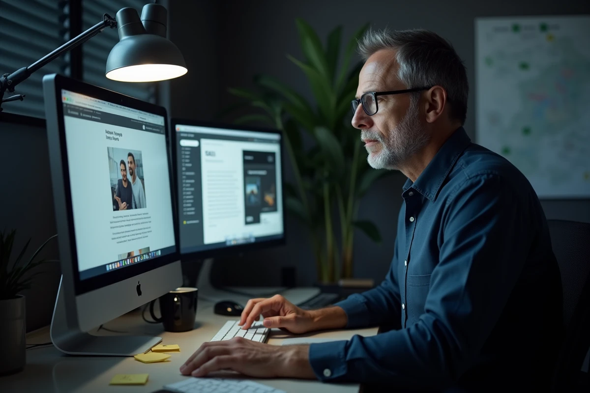 Homme effectuant une recherche inversée d'image sur ordinateur pour retrouver une personne