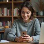 Femme utilisant son smartphone pour rechercher une personne à partir d'une capture d'écran de photo