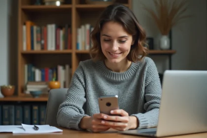 Femme utilisant son smartphone pour rechercher une personne à partir d'une capture d'écran de photo