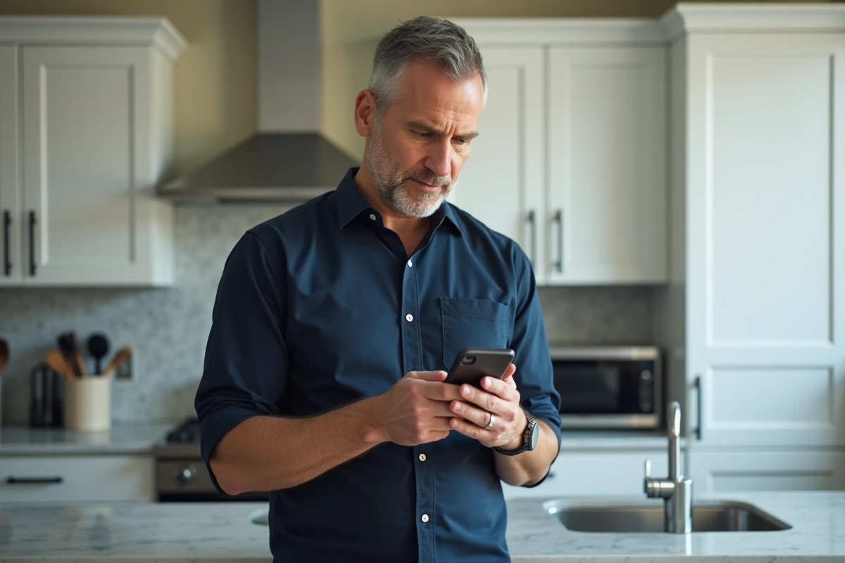 Homme utilisant un iPhone dans une cuisine moderne pour récupérer des messages supprimés