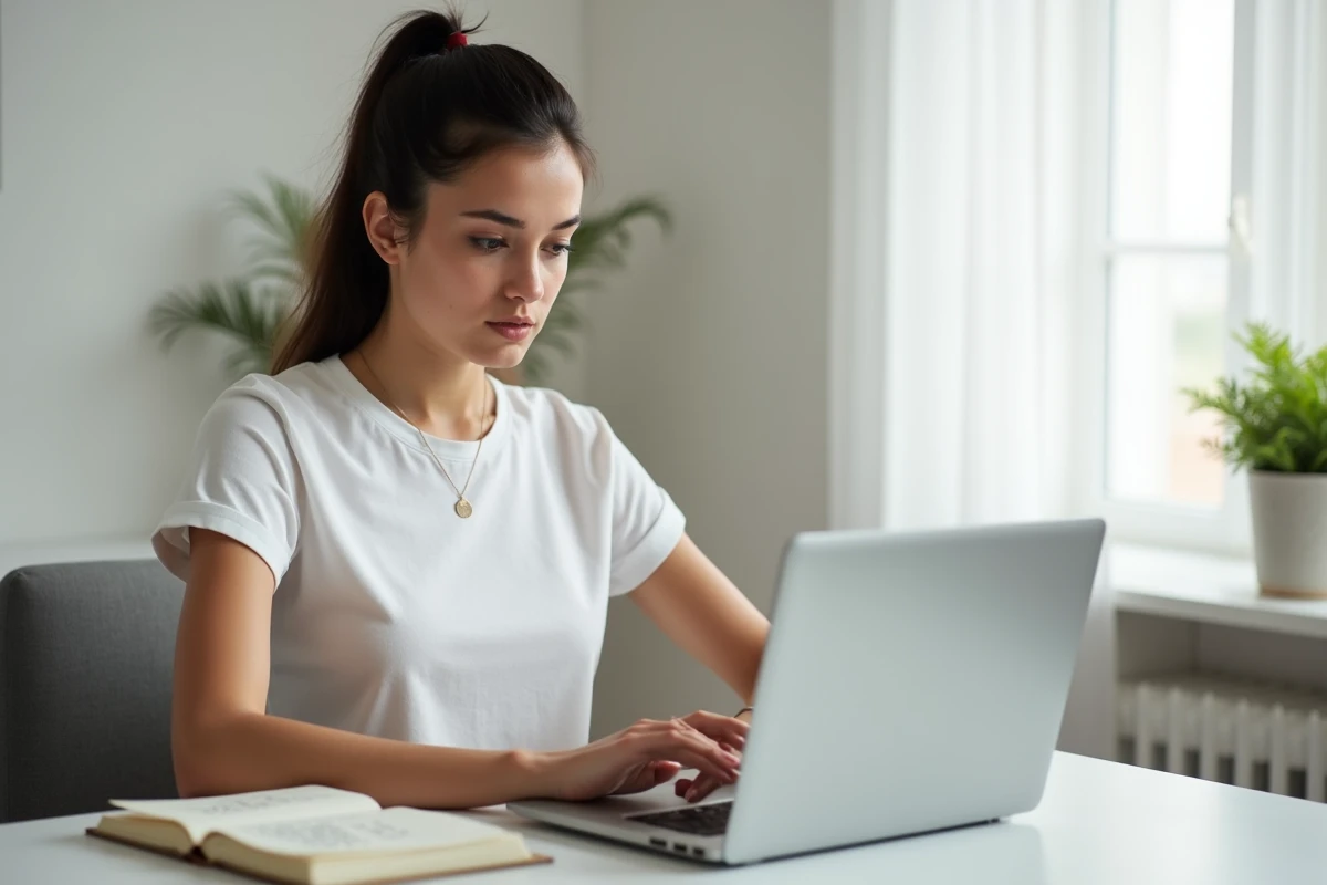 Jeune femme rédigeant un appel de bannissement sur son ordinateur portable dans un bureau minimaliste