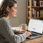 Femme configurant la redirection de son mail ac-montpellier.fr sur un ordinateur portable depuis son bureau à domicile