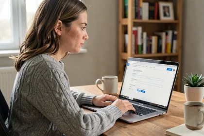 Femme configurant la redirection de son mail ac-montpellier.fr sur un ordinateur portable depuis son bureau à domicile