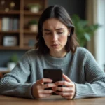 Femme tenant un smartphone Android cherchant à restaurer des SMS effacés