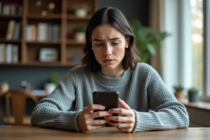 Femme tenant un smartphone Android cherchant à restaurer des SMS effacés