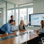 Groupe de professionnels en réunion autour d'une table moderne