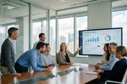 Groupe de professionnels en réunion autour d'une table moderne