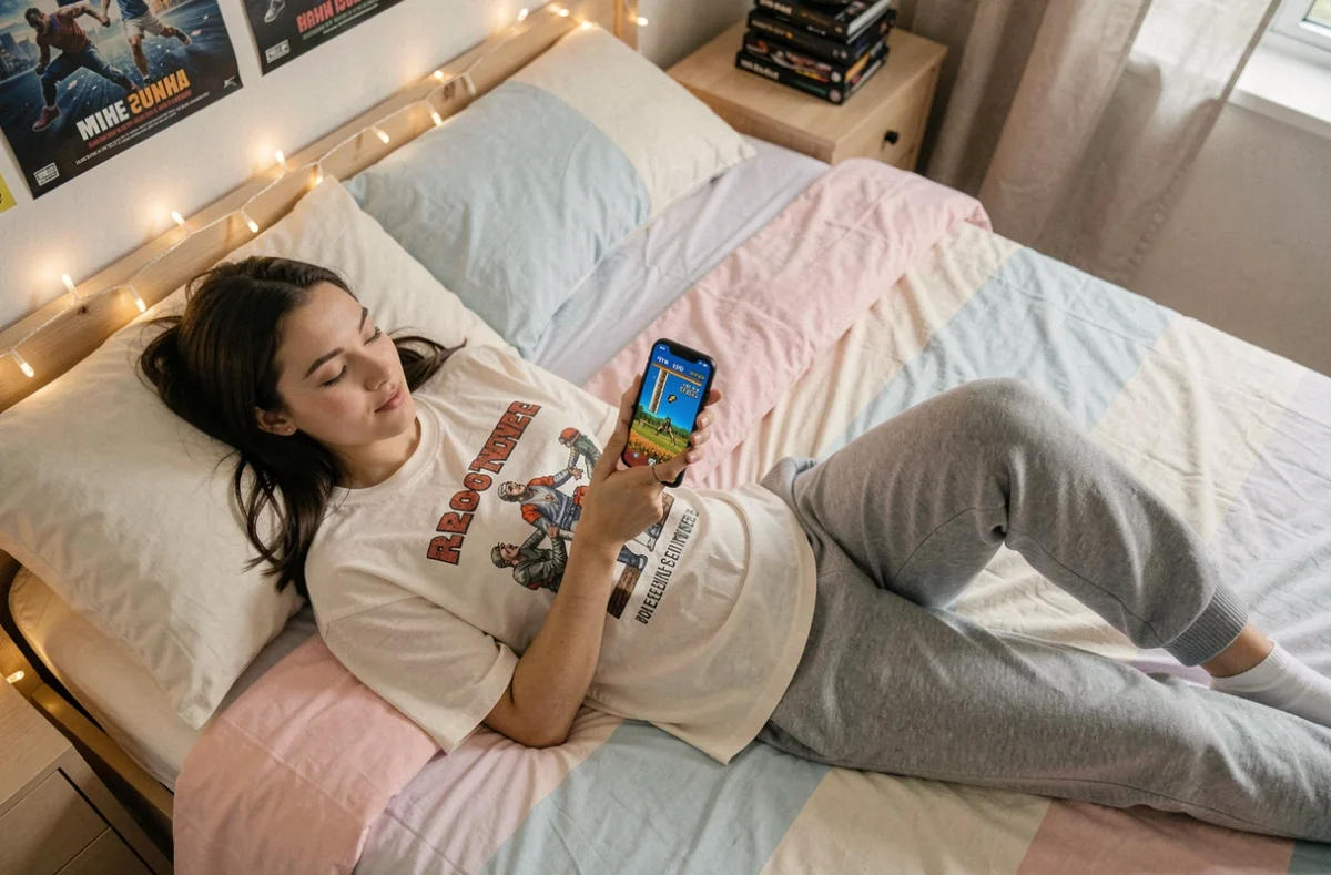 Jeune femme jouant à une ROM Pokémon GBA sur smartphone allongée sur son lit