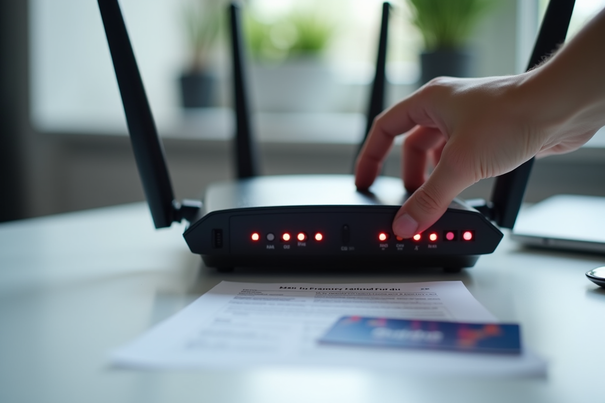 Gros plan sur routeur wifi avec indicateurs rouges et main qui le reset