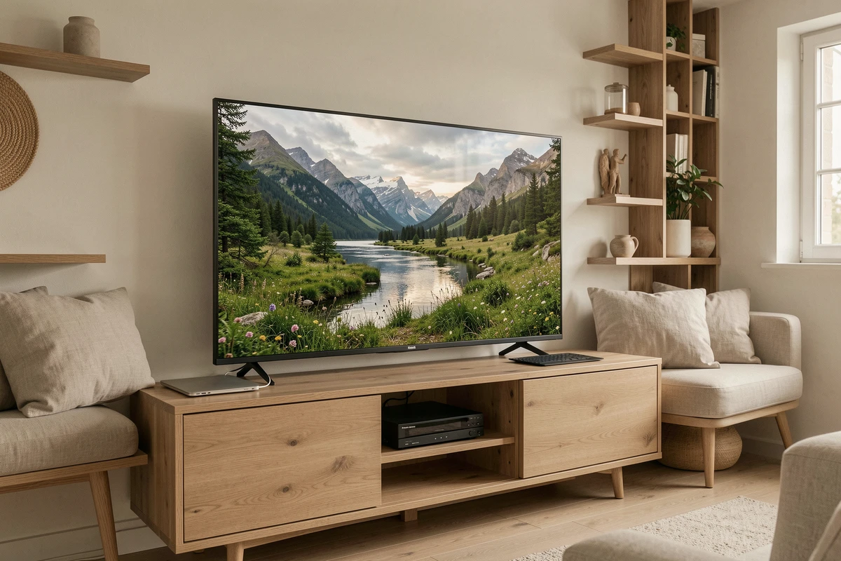 Salon épuré avec télévision 4K et transmetteur HDMI sans fil relié à un ordinateur portable sans câbles visibles