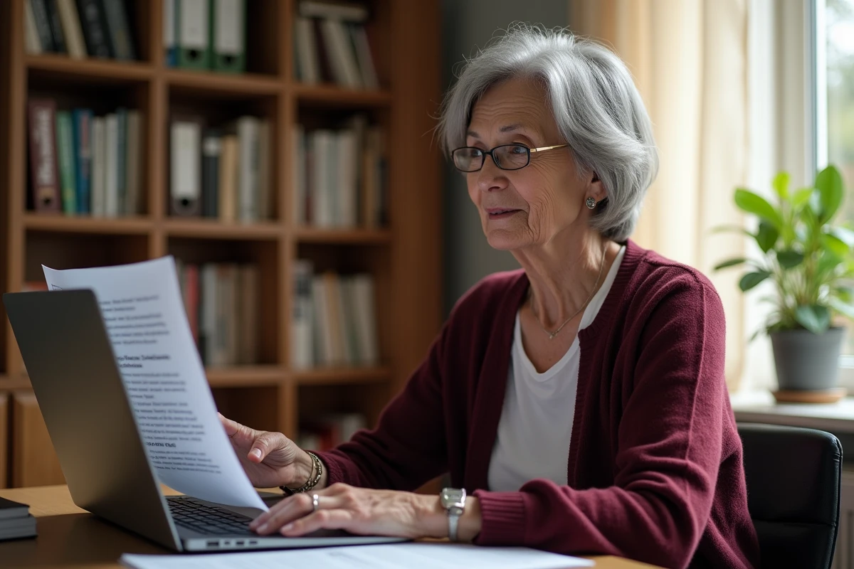Femme âgée consultant une fiche d'aide pour résoudre un problème de connexion à sa messagerie web depuis son domicile