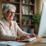 Seniore souriante utilisant un ordinateur à domicile