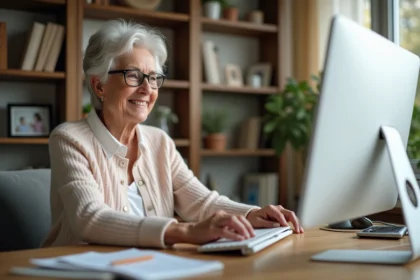 Seniore souriante utilisant un ordinateur à domicile
