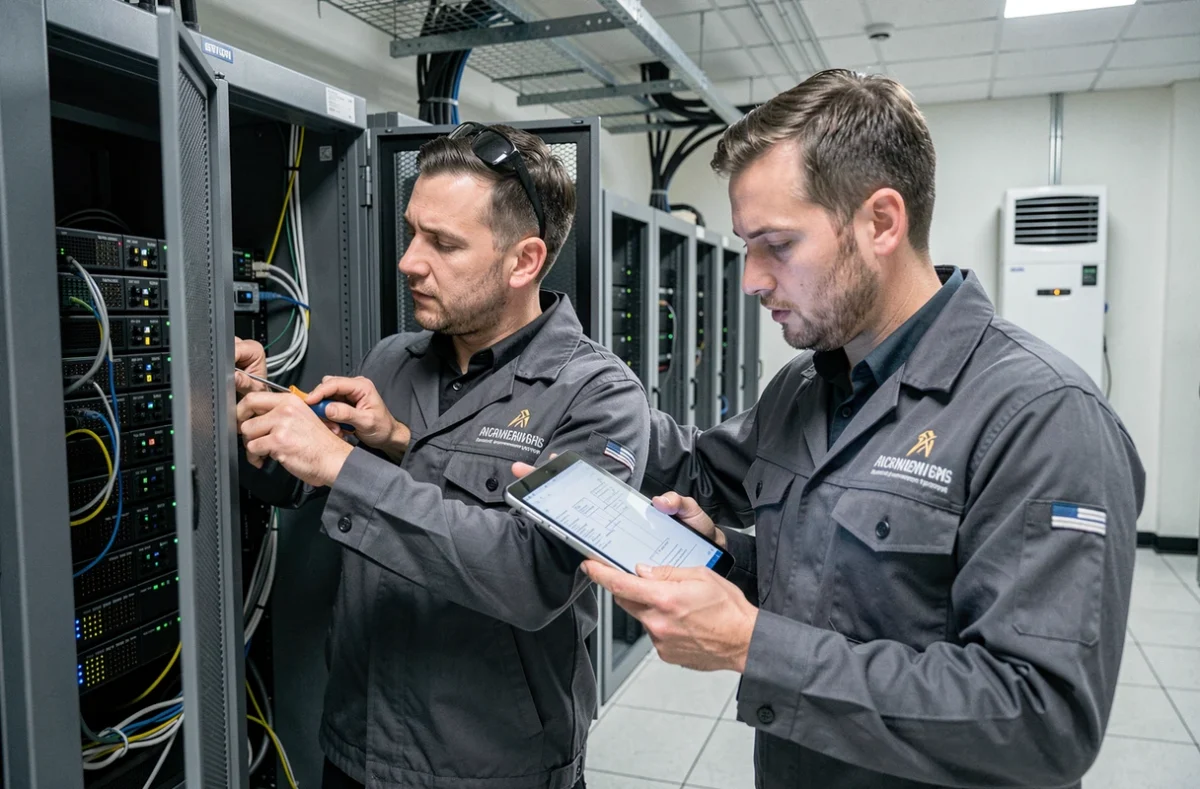 Techniciens de Servia installant un switch réseau dans une salle de serveurs professionnelle