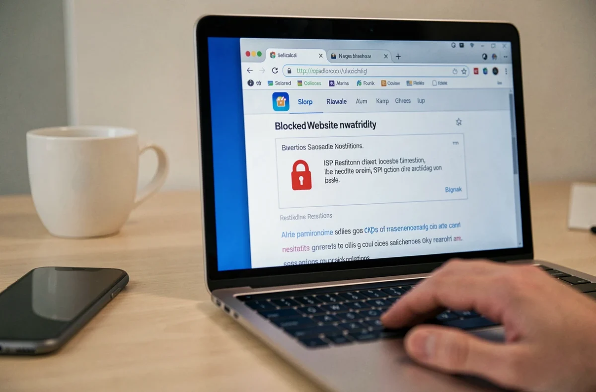 Écran d'ordinateur affichant une page bloquée par un FAI lors d'un accès à un site de téléchargement