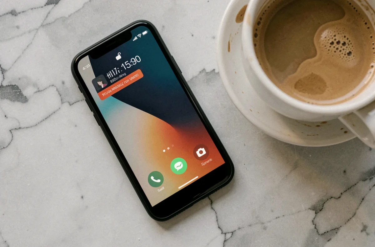 Smartphone Android posé sur une surface en marbre affichant une notification d'appel spam non filtré par Begone