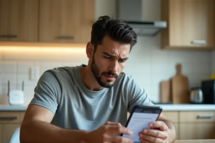Homme frustré tenant un smartphone affichant une erreur de connexion à l'interface d'administration du routeur 192.168.1.1