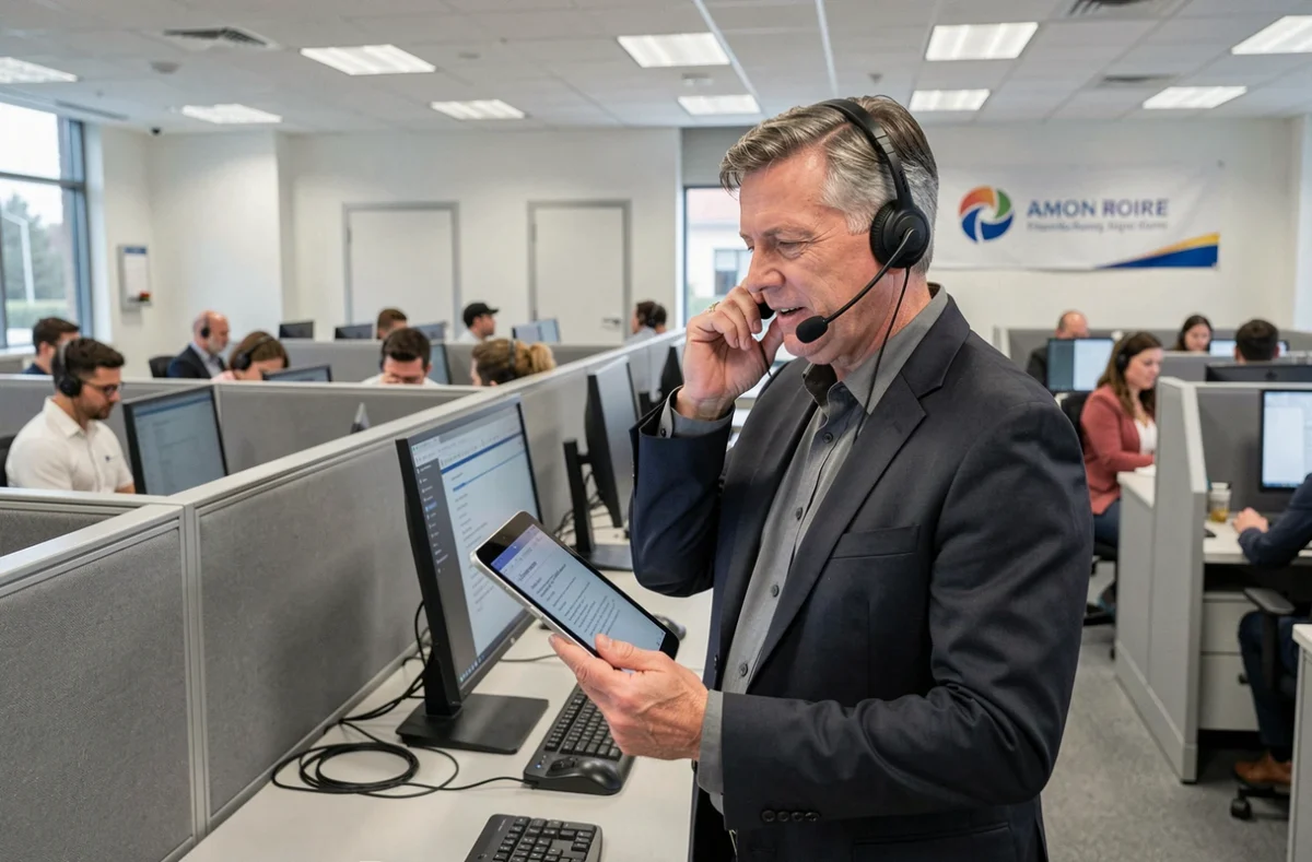 Responsable SOS Service Informatique gérant les demandes d'assistance par casque téléphonique dans un bureau de support multipostes