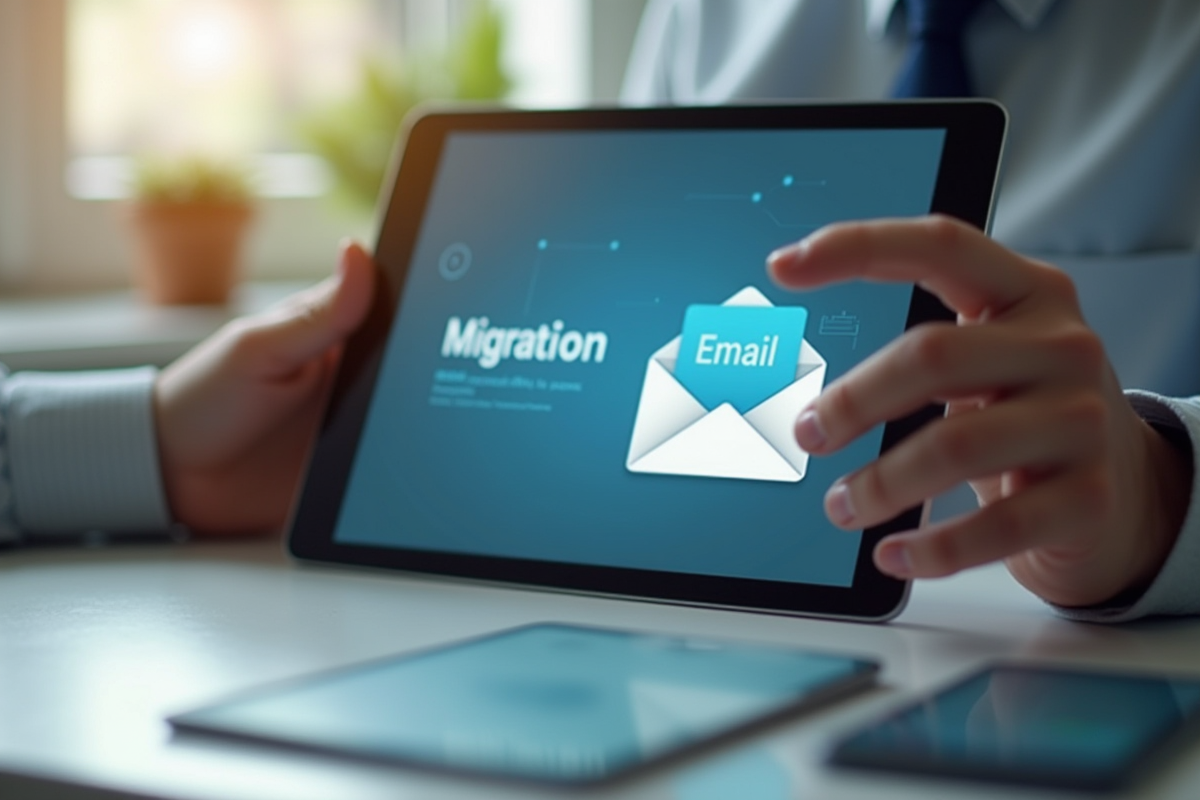 Gros plan sur une tablette avec alerte de migration email