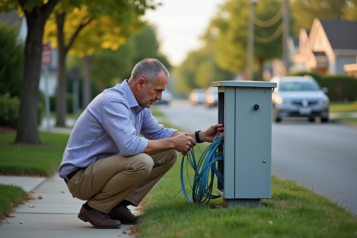 Technicien vérifiant des câbles fibre optique dans une rue résidentielle