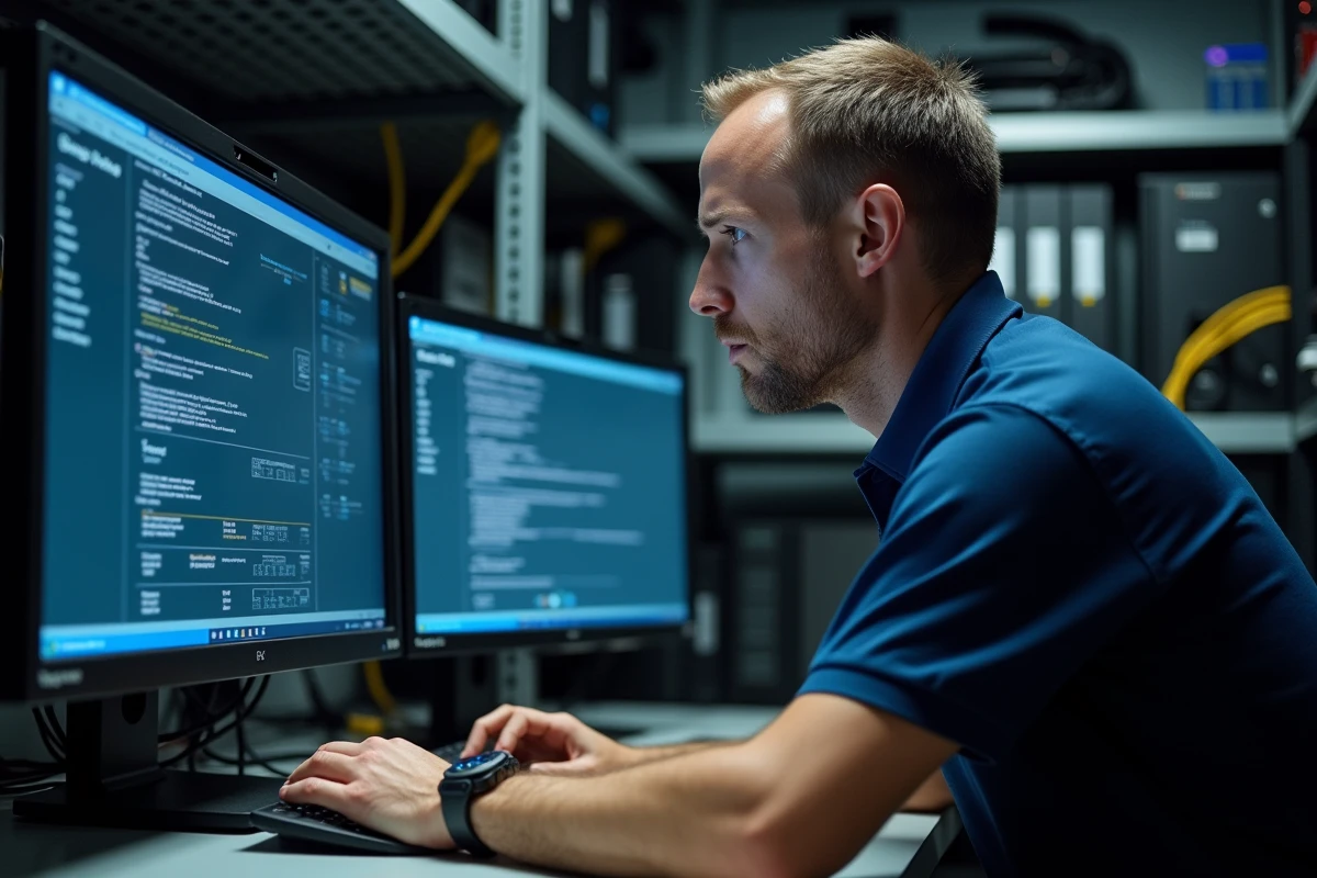 Technicien informatique résolvant un problème de connexion sur un poste de travail avec deux écrans